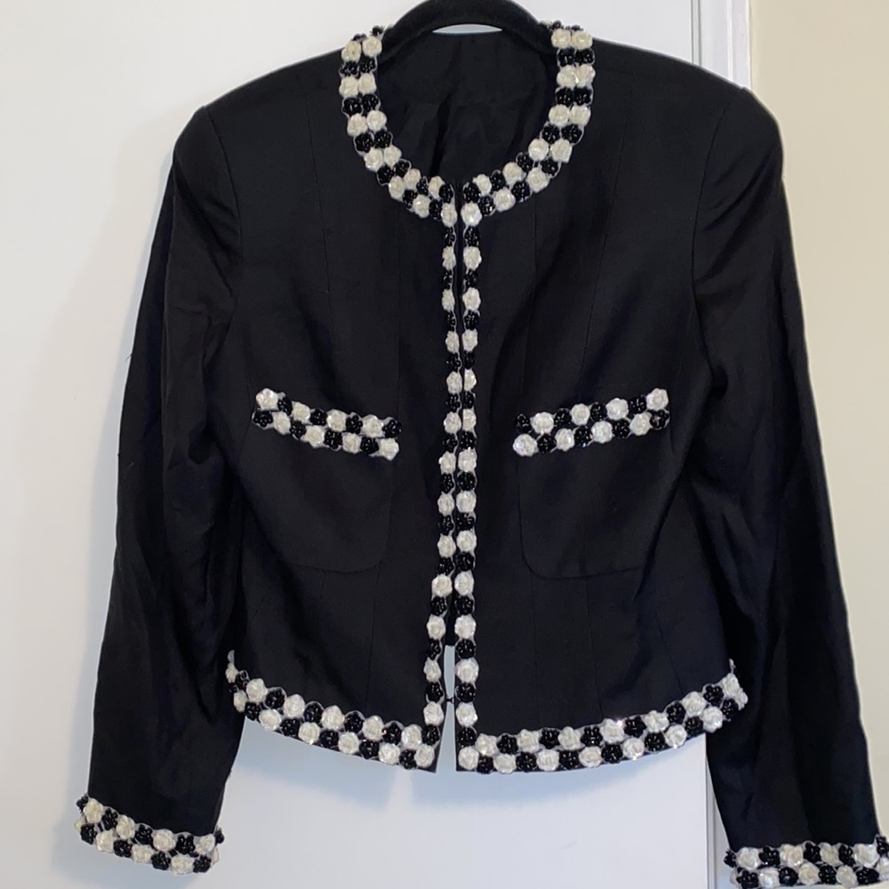 Vintage Peter So British Tailor custom made black Silk Sequin Rosette Trim